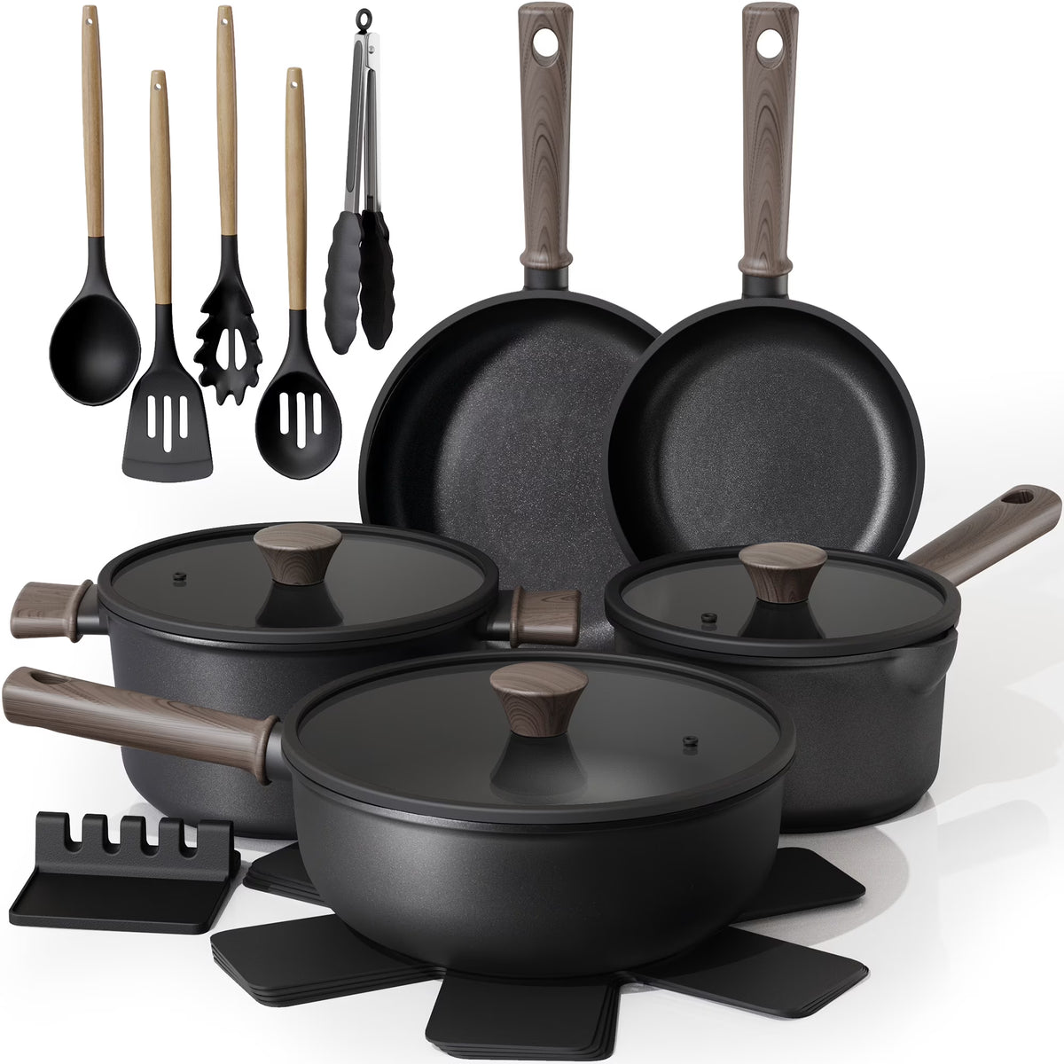 Astercook 18-Piece Pots and Pans Set, Nonstick Cookware Set with Elegant Wooden Handle, Oven Safe to 480��F, Induction Compatible, Kitchen Cooking Set for RV Trips, Camping and Picnic, Black