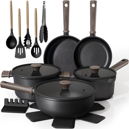 Astercook 18-Piece Pots and Pans Set, Nonstick Cookware Set with Elegant Wooden Handle, Oven Safe to 480��F, Induction Compatible, Kitchen Cooking Set for RV Trips, Camping and Picnic, Black