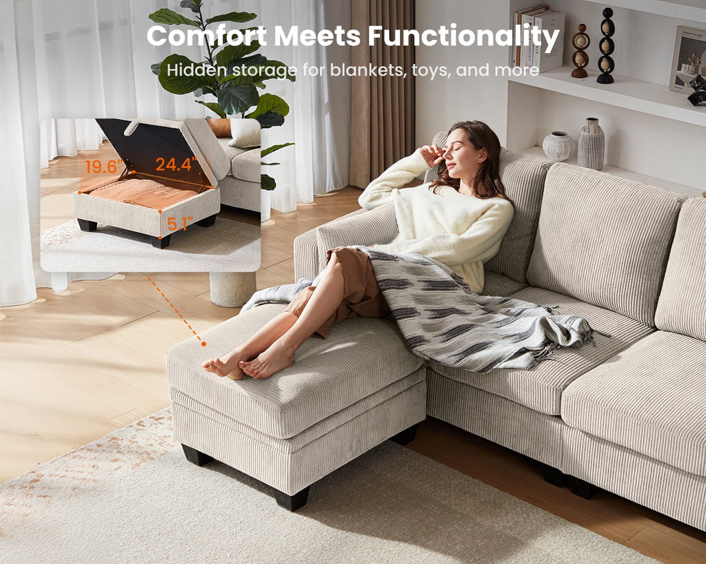 CHIC HOUSE 154.5" Sectional Sofa with Storage Ottoman Chaise, Corduroy U Shaped Sofa Convertible Sectional Couches for Living Room, 12 Seater Corner Modular Sofa with Deep Seat Throw Pillows, Green