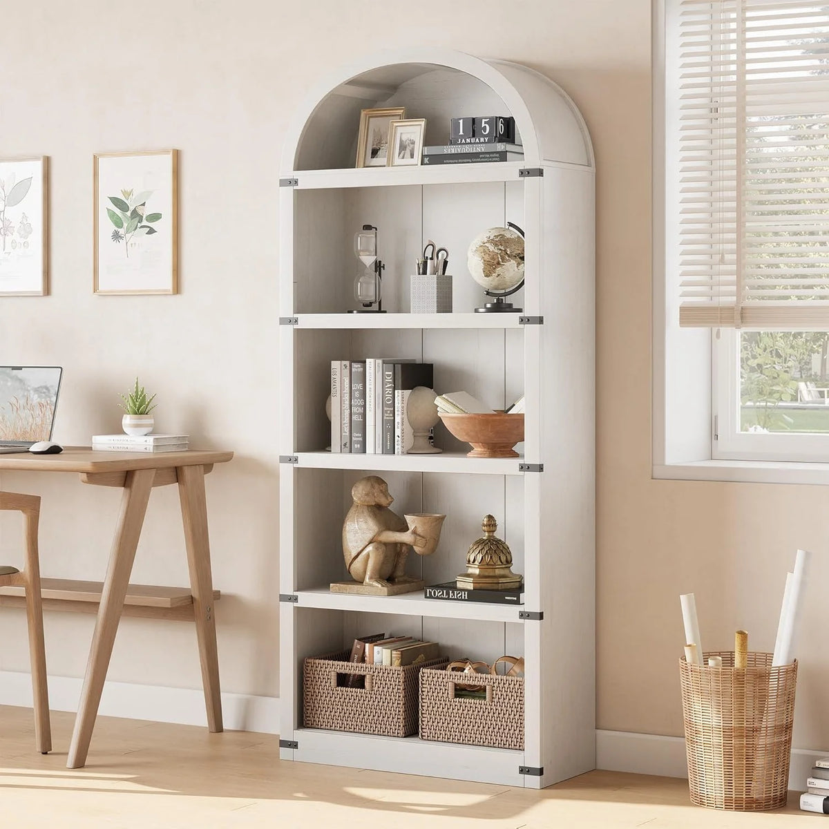 Bookcase 5 Shelf Arched Bookshelf 71.65in Tall Bookcase Farmhouse Display Storage Rack Wooden Bookshelves for Home Office, Living Room(white)