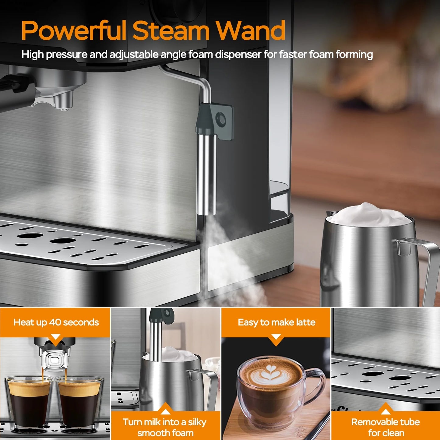Plum Chef Espresso Machine, 20 Bar Coffee Maker with Foaming Milk Frother Wand, Espresso & Cappuccino Latte Maker Coffee Machine, 850W, 1.6L Removable Water Tank, Black&Silver