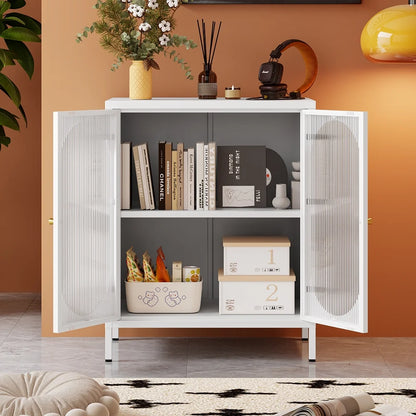 Small 2 Transparent Door Metal Storage Side Buffet Cabinet for Bed Room,Living Room,Entryway,Hallway,Home,Hotel,Office,Garage,Kitchen,1 Removable Shelf.