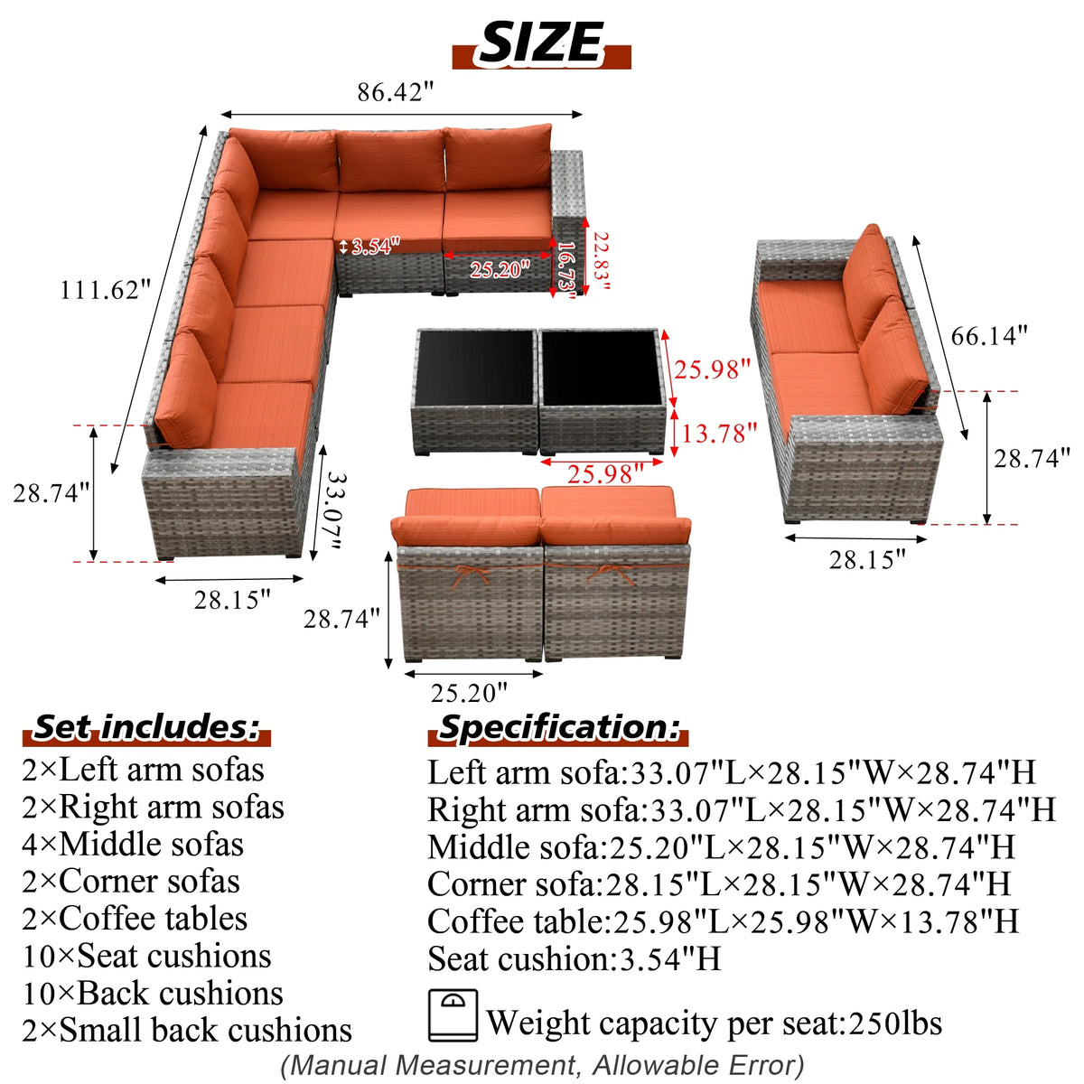 Ovios 12 Pieces Outdoor Furniture All Weather Wicker Patio Conversation Sectional Sofa Set with Side Table for Garden Backyard