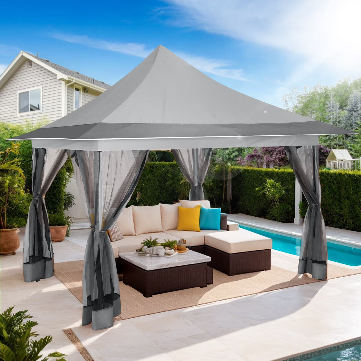 HOTEEL 12x12 EZ Pop Up Gazebo Tent with Sidewalls,Patio Gazebo Instant Shelter for Outdoor Party Camping Backyard Beach with Carry Bag,Stakes,Ropes,Gray