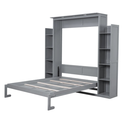 Aukfa Queen Size Murphy Bed with 5-Tier Storage Shelf & LED Lights, Foldable Wall Bed Cabinet with Mattress Support, Space-Saving Design for Guest Room/Home Office, Gray