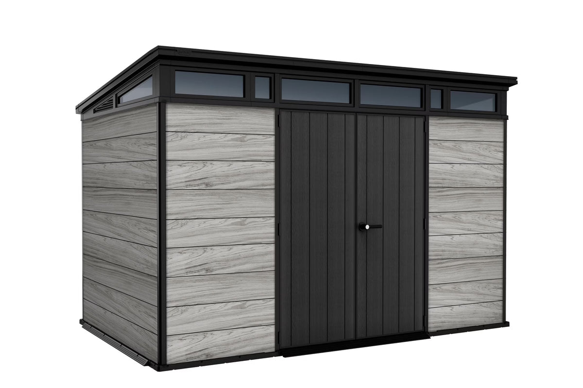 Keter Signature 11x7 ft. Durable Resin Outdoor Storage Shed With Heavy Duty Floor and Locking Door, Walnut