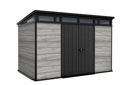 Keter Signature 11x7 ft. Durable Resin Outdoor Storage Shed With Heavy Duty Floor and Locking Door, Walnut