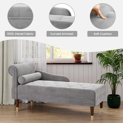 Vesgantti Velvet Chaise Lounge,59" Modern Upholstered Lounge Chair Indoor with Round Armrest Lumbar Pillow, Single Sofa for Living Room Bedroom Office,Grey