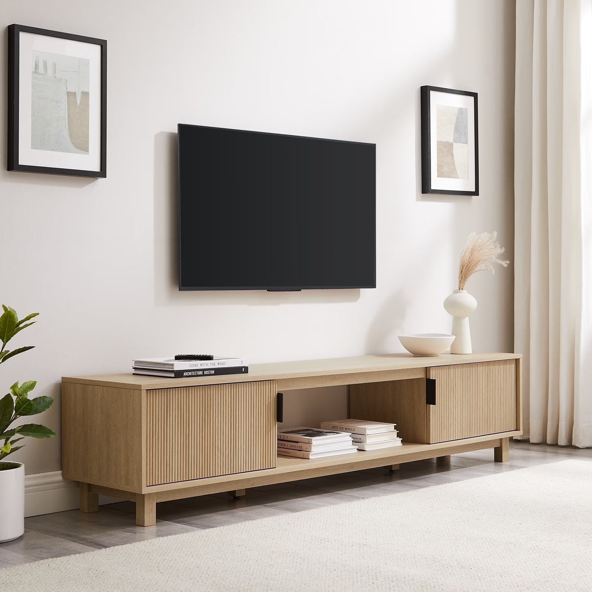 Walker Edison Mid-Century Modern Reeded 2-Door TV Stand for TVs up to 80��, Coastal Oak