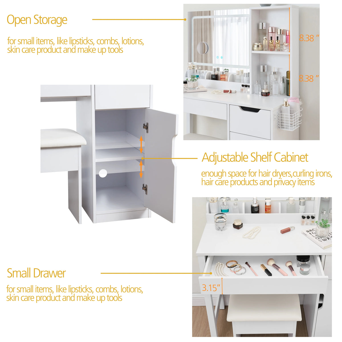 Mainstays Get Ready with Me GRWM Deluxe 2-Piece Vanity and Stool with Lighted Mirror and USB Power, White Finish
