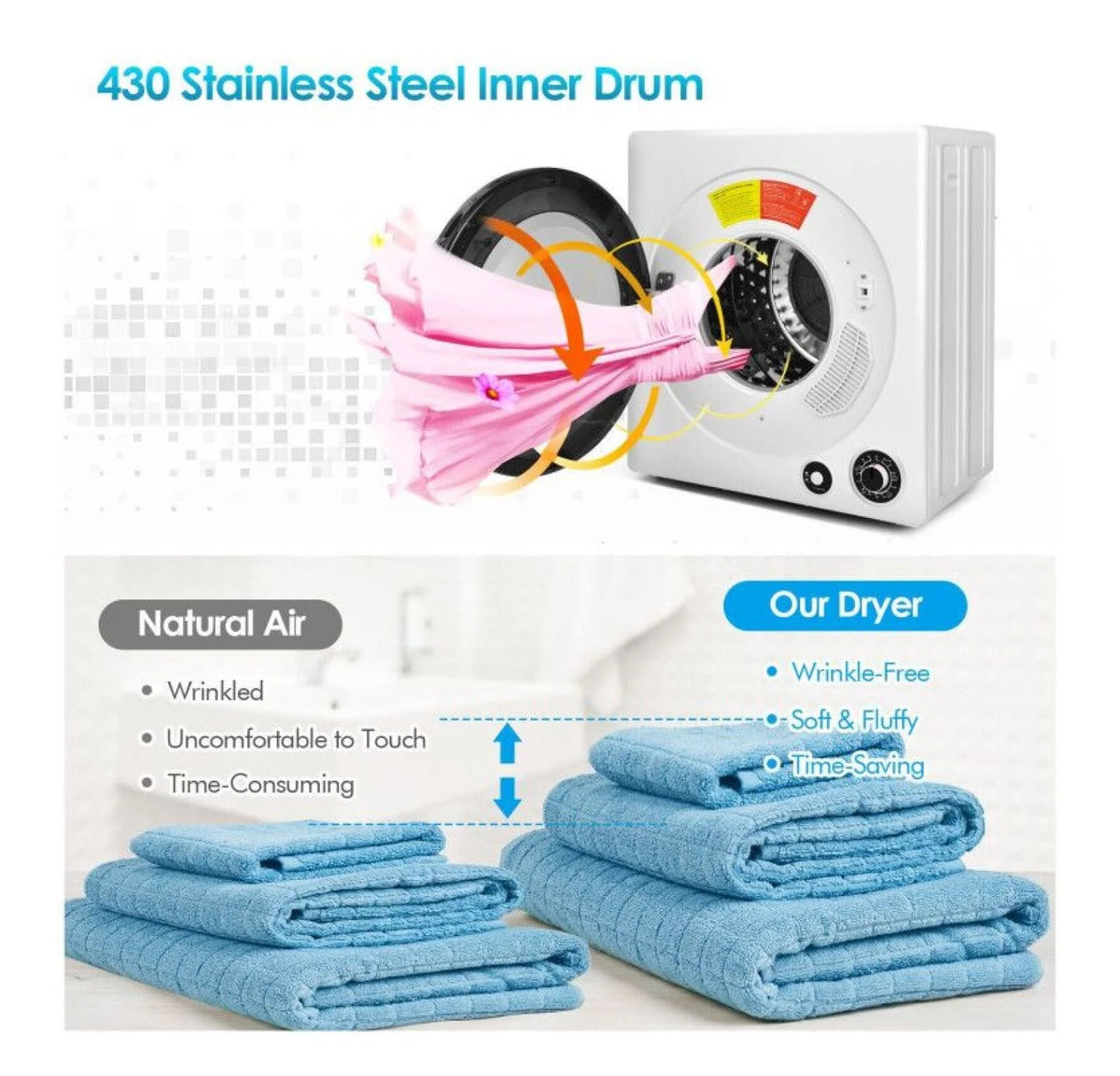 Electric Laundry Dryer, 13.2lbs Compact Tumble Dryer with Stainless Steel Tub, 4 Drying Modes, 2 Heat Settings, ETL Certified - for Apartments, Dorms, RVs