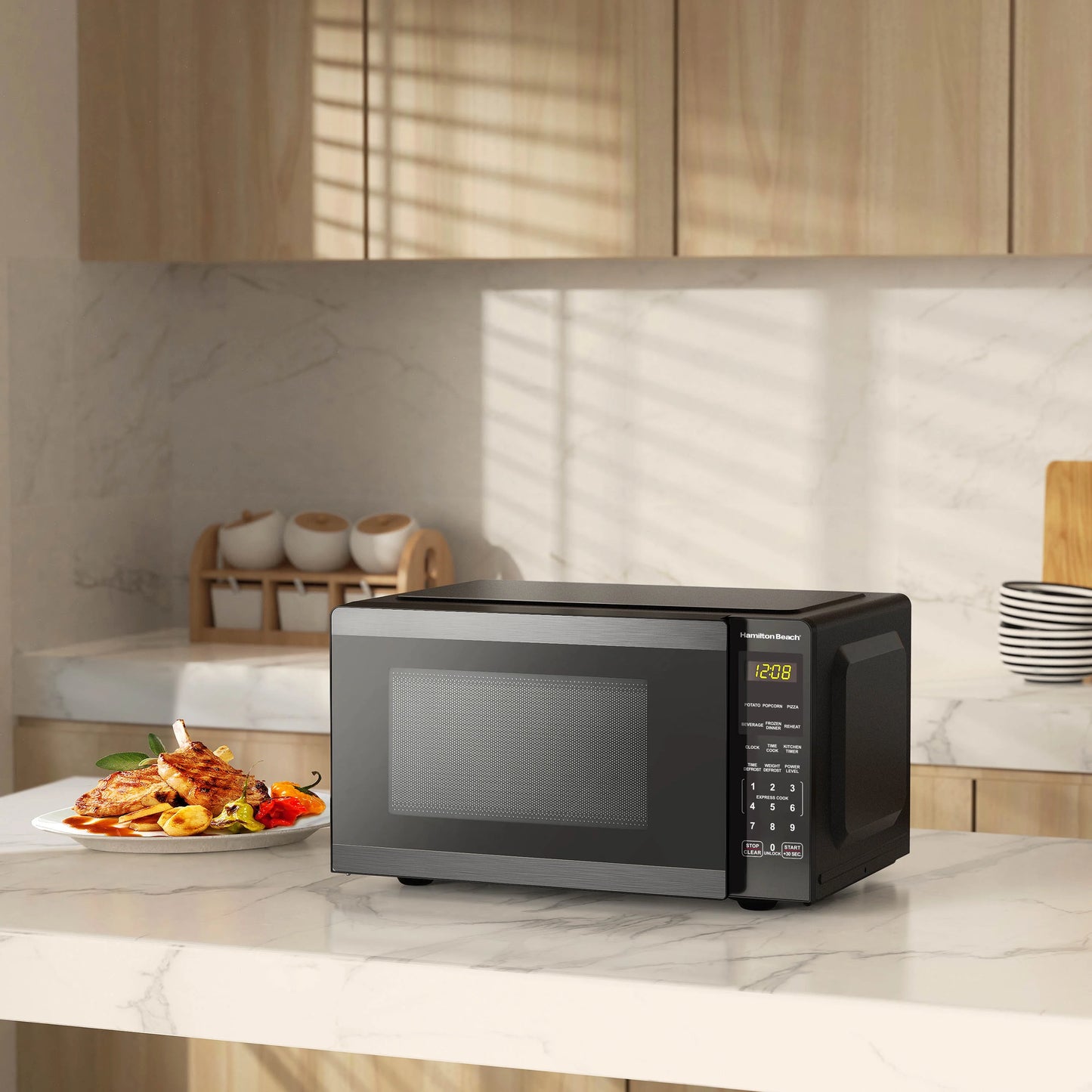 Hamilton Beach 0.9 Cu ft Countertop Microwave Oven, 900 Watts, Stainless Steel, New