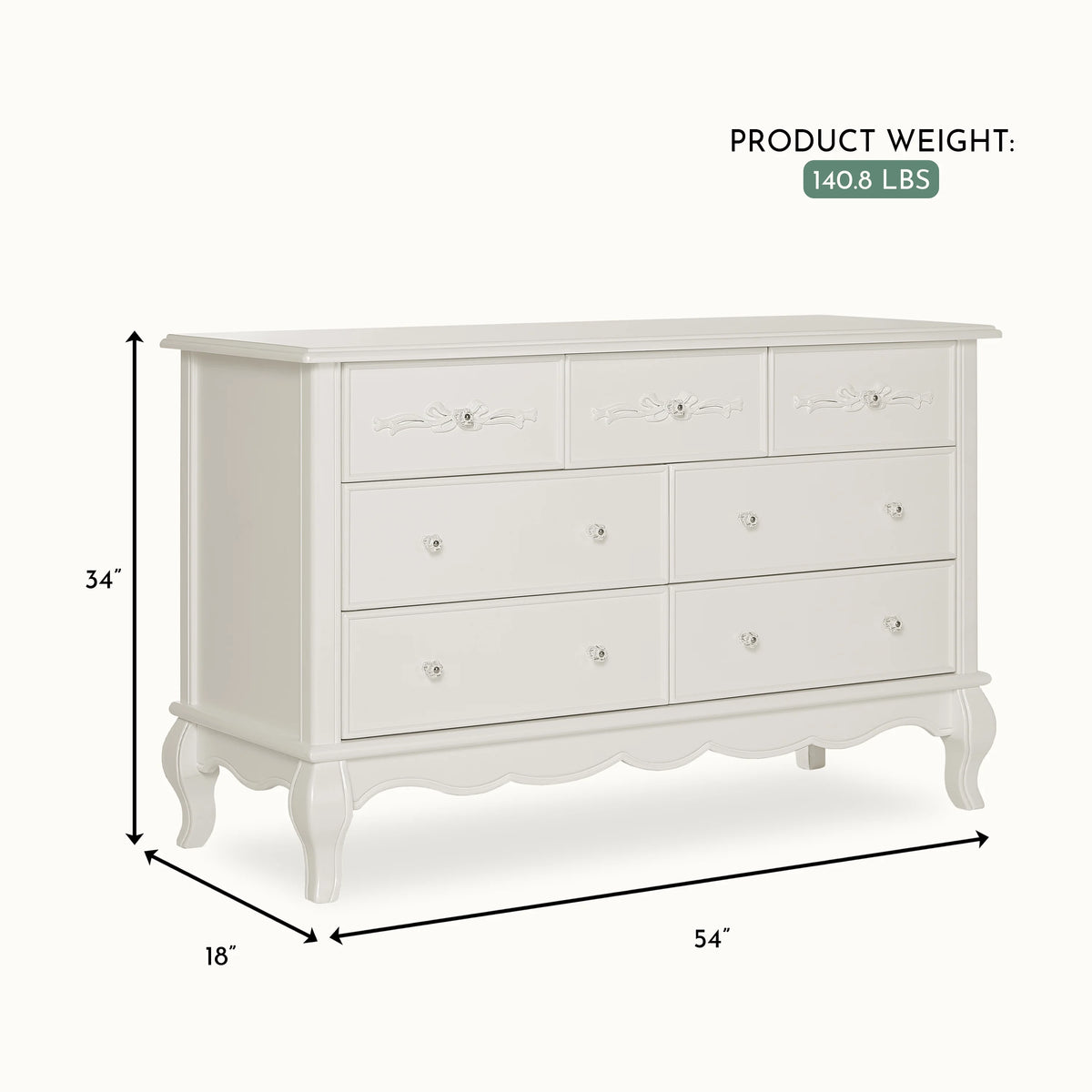 Evolur Aurora 7-Drawer Double Dresser in Ivory Lace, Spacious Drawers