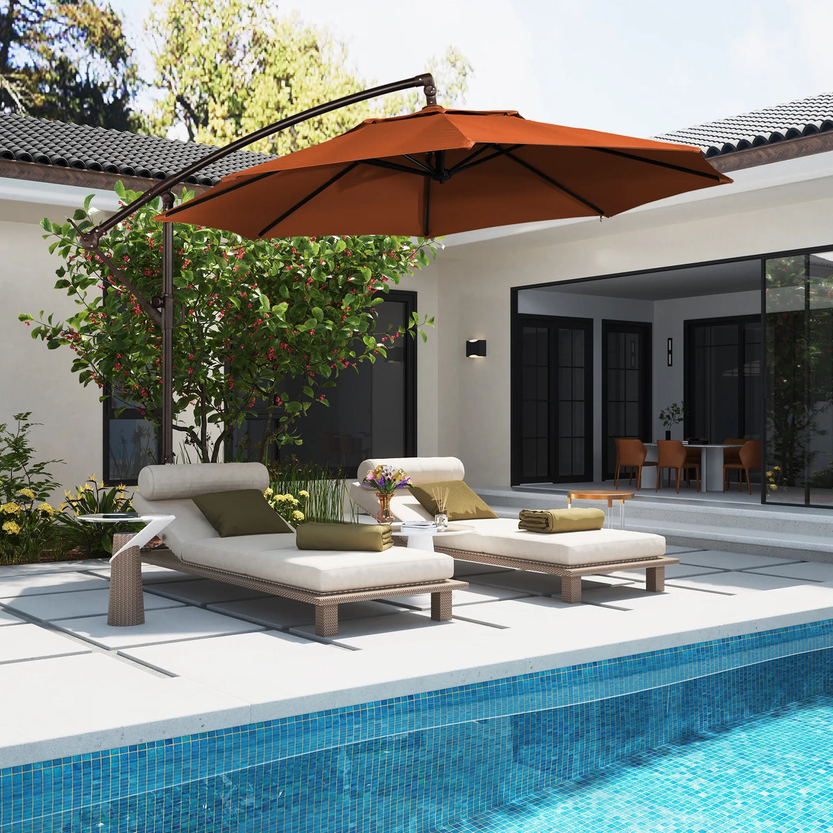 Mondawe 10ft Solar Lights Offset Cantilever Patio Umbrella - with Light, LED Lighted Offset Hanging Patio Outdoor Market Umbrella UPF50+ UV Protection with Crank,Navy Blue