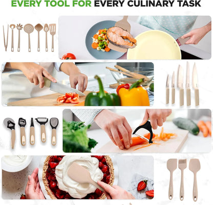 54-Piece Kitchen Cookware Set �C Complete Non-Stick Ceramic Pots and Pans Set with Utensils, Bakeware, and Knife Set, Gas, Electric & Induction Compatible, Blush Pink Kitchen Essentials