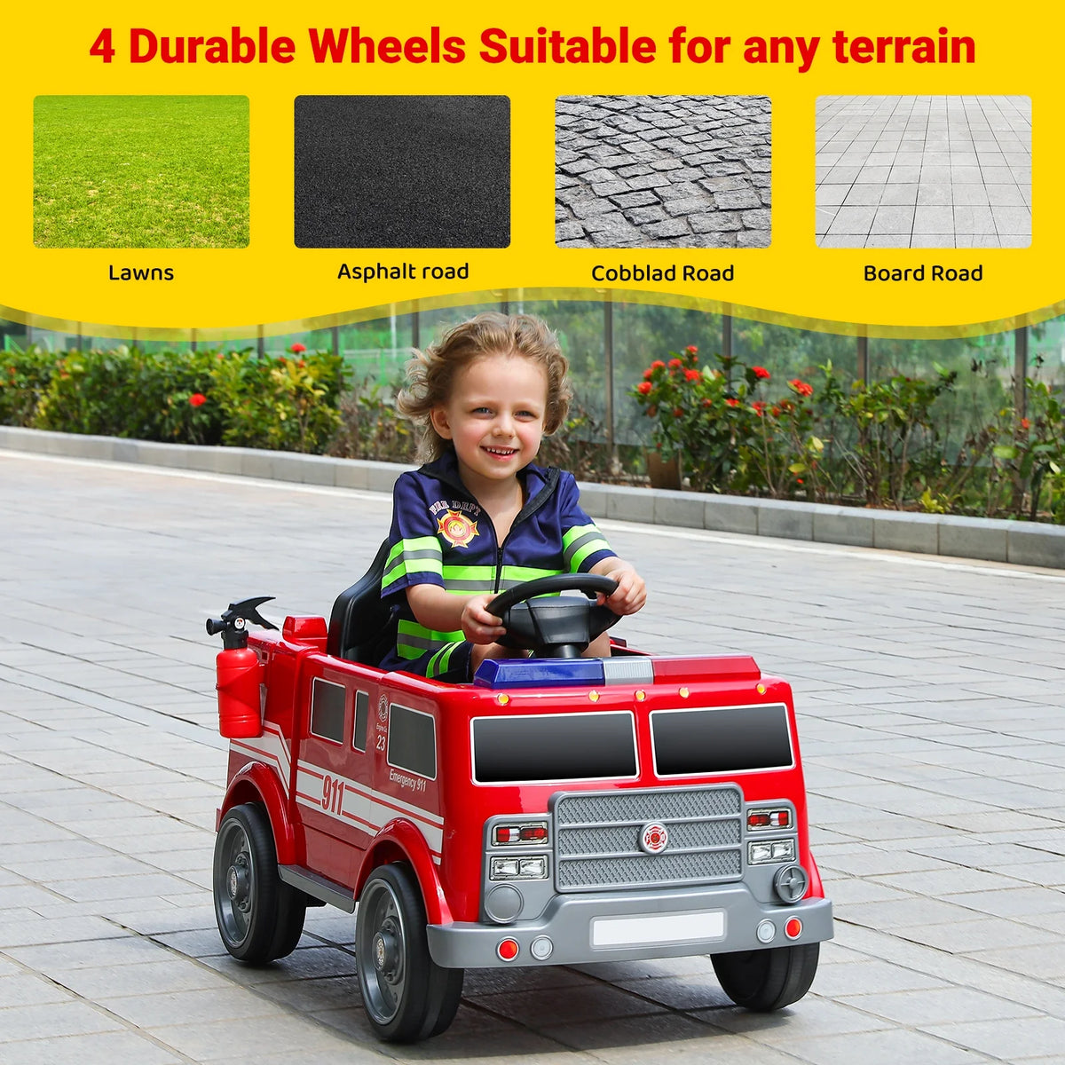 Bobiber Ride on Fire Truck, 12V Battery Powered Ride-On Toy Vehicle with Remote Control, Megaphone, Flashing Lights, Siren and Fire Extinguisher - For Boys and Girls Ages 3-6