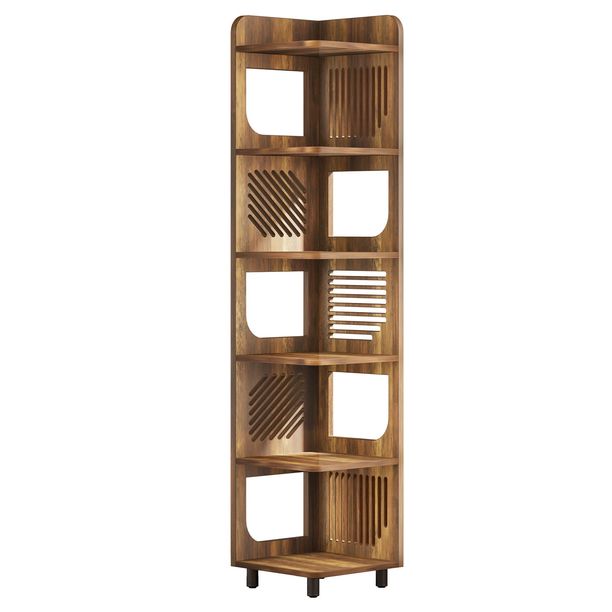 Fnova 71" 6-Tier Tall Corner Bookshelf, Rustic Wooden Narrow Corner Bookcase with Artistic Square Rack, Freestanding Display Storage Shelf for Space-Saving Home Organizing