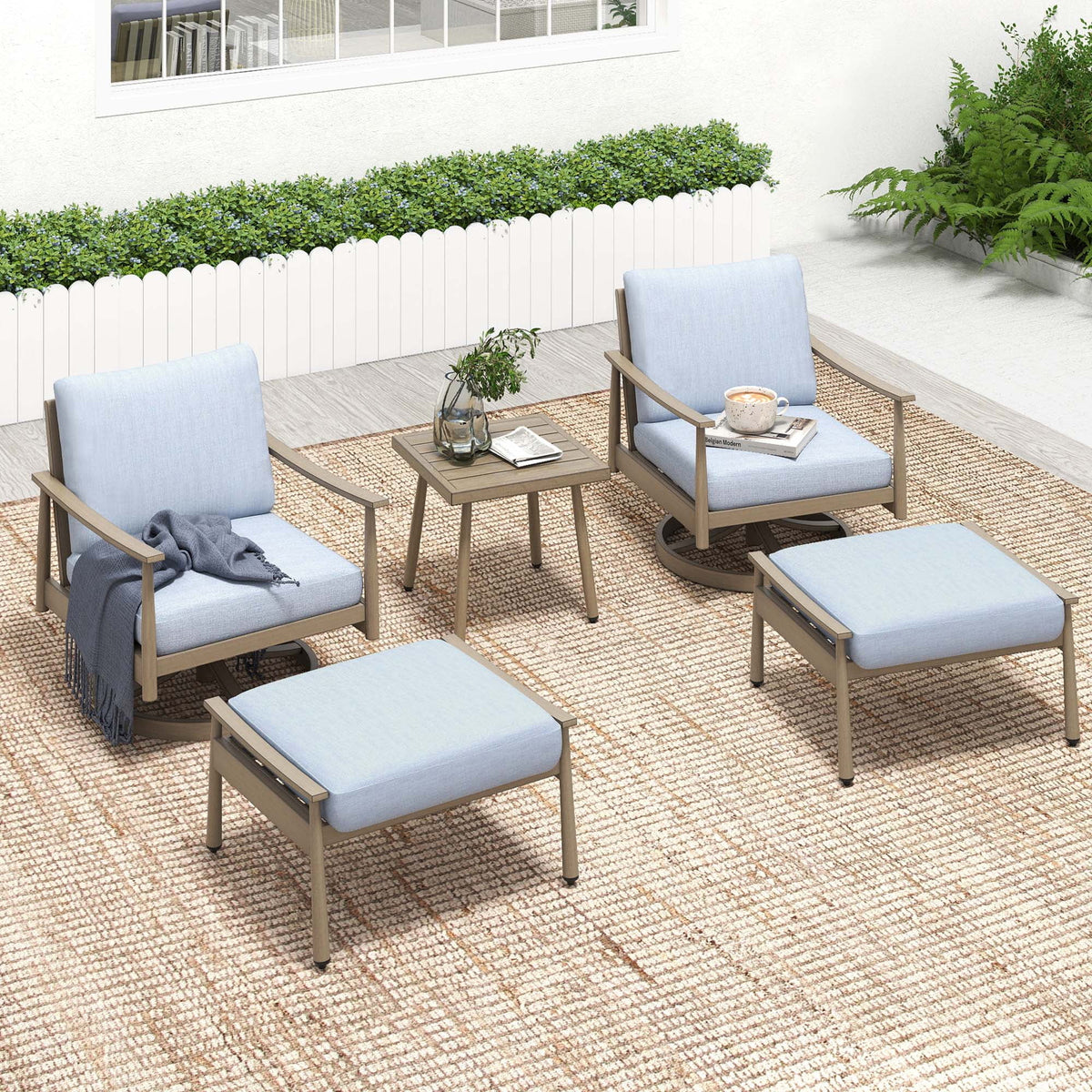 HAPPATIO Aluminum Outdoor Furniture Set - 5 Pieces Patio Furniture Set Includes 1 Side Table, 2 Swivel Chairs and 2 Ottomans with Thick Cushion, Patio Conversation Set for Backyard Poolside (Grey)