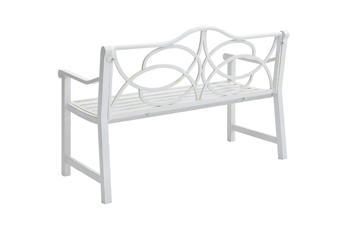 Royard Oaktree Outdoor Patio Bench, Garden Bench with Iron Metal Steel Frame, Backrest, and Armrests, Park Bench with Slatted Seat for 2-3 People for Lawn, Yard, Balcony, Porch, White