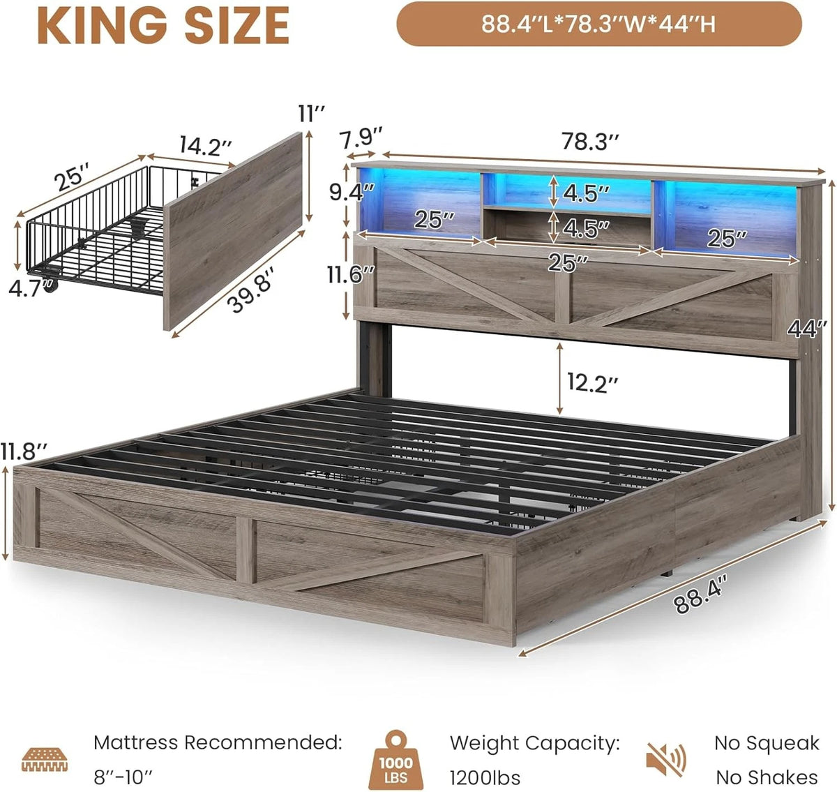 Twin Bed Frame with 4 Storage Drawers and Charging Station, Farmhouse Wooden Led Twin Bed with Storage Hidden Space Headboard and Metal Slats, Gray
