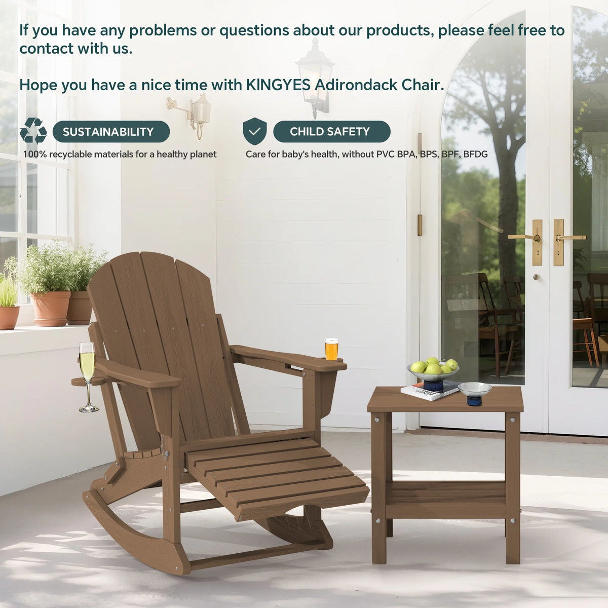 KINGYES Folding Adirondack Rocker Chair Set of 2 W/ Footrest & Dual Cup Holders, HDPE Outdoor Patio Rocking Chair, Black