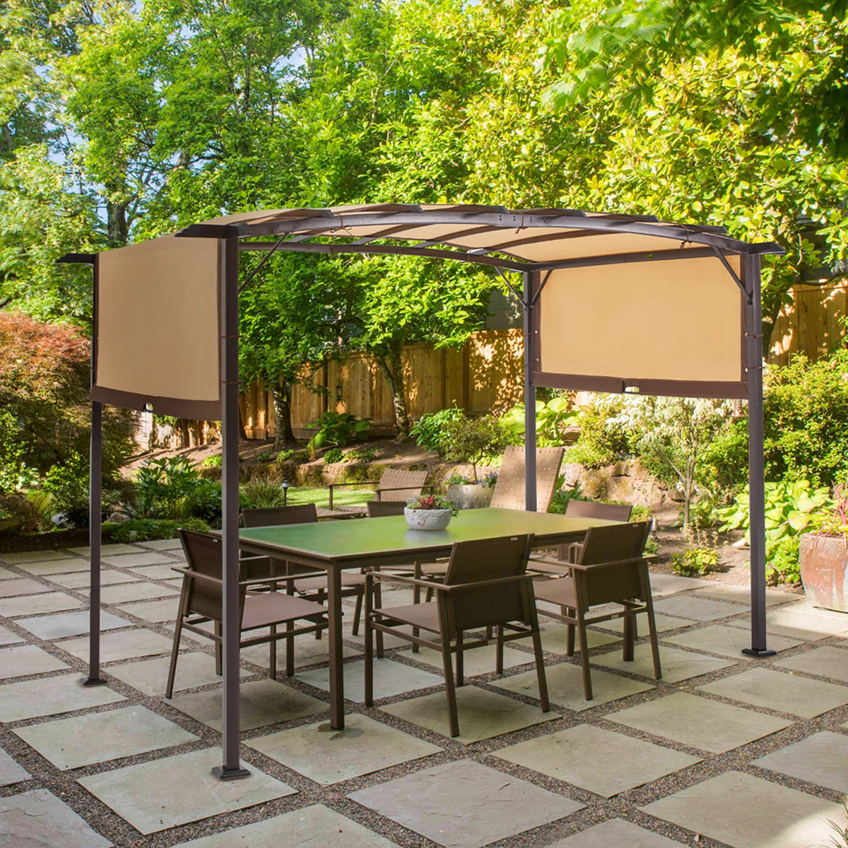 AECOJOY 12�?X 9�?Outdoor Retractable Steel Pergola Canopy with Adjustable Shade-Beige