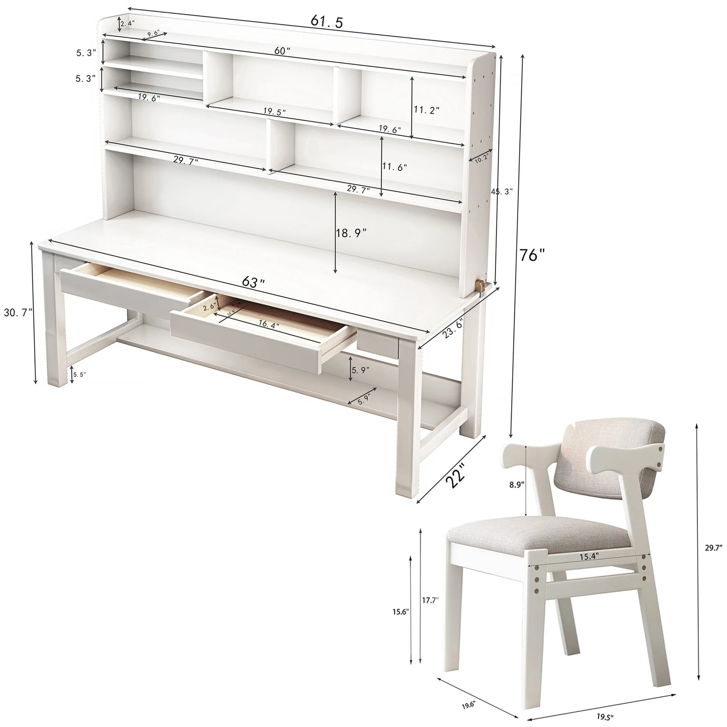BALANBO Wooden Kids Desk Desk with Hutch for Children,Solid Wood Desk Two Positions Suitable for Two People, Suitable for Children's Study, Adult Home Office and Other Places(White)