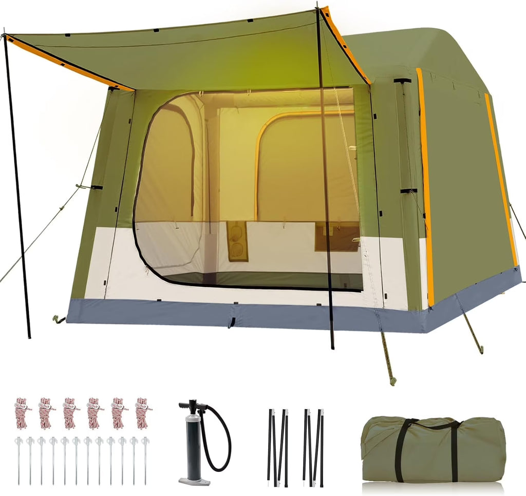 Inflatable Tents for Camping, Blow Up Tent with Canopy, Easy Setup Inflatable Camping Tent with Stove Jack, Waterproof Oxford Air Glamping Tents for Camping Adult 8-10 Person