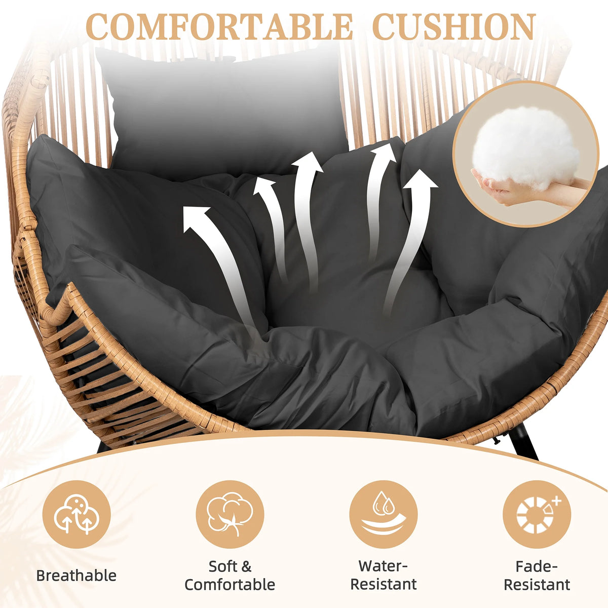 Walsunny Egg Chairs Outdoor Patio Wicker Oversized Egg Shell Lounger Lawn Chair with Cushion for Indoor Outside Porch Balcony Backyard, Original Wood Color Rattan Beige Cushion