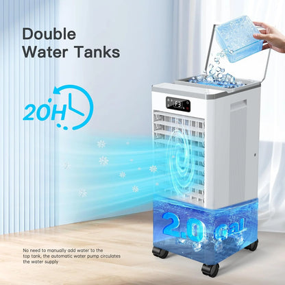 Portable Windowless Air Cooler with 3 Cooling Modes & Speeds, 12H Auto-Off Timer, 2-Gal 20H Cooling Tank, 16FT Remote Control, No Hose Installation, 46dB Quiet Evaporative Swamp Cooler
