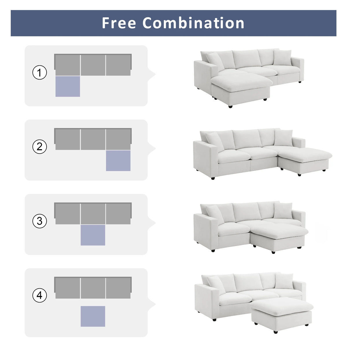 Harper & Bright Designs Modern Sectional Sofa 3 Seat Couch with Ottoman, Upholstered L Shaped Cloud Couch for Small Space Apartment Office, White