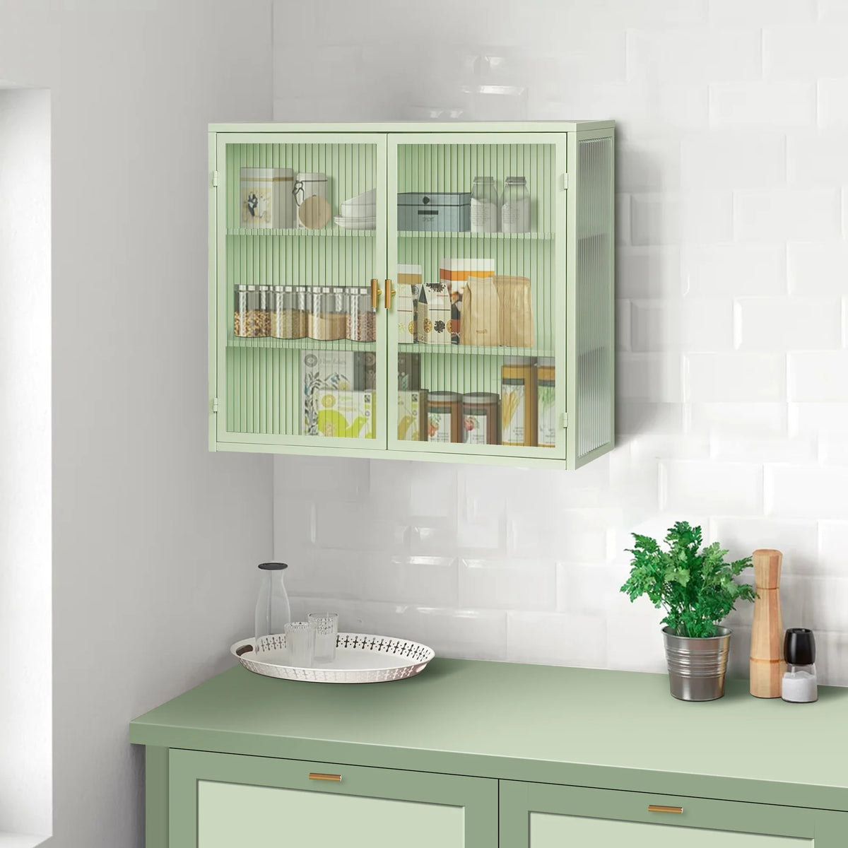 27.56"Modern Wall Cabinet with Glass Doors, Bathroom Cabinet with Featuring Three-tier Storage for Entryway Living Room, Bathroom or Dining Room, Mint Green