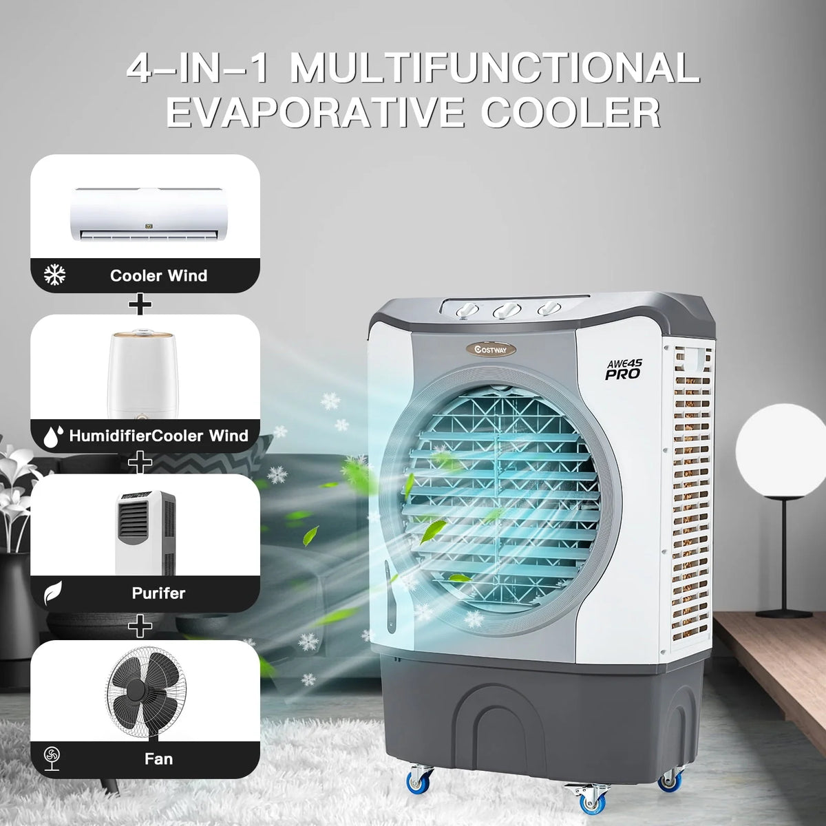45L Evaporative Air Cooler 3-in-1 Swamp Cooler w/Large Water Tank & Washable Filter