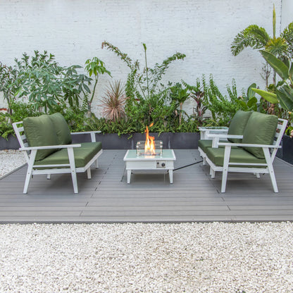 LeisureMod Walbrooke Modern Aluminum 5-Piece Patio Conversation Set with Outdoor Square Fire Pit Table with Slats Design & Side Table Tank Holder (Green)