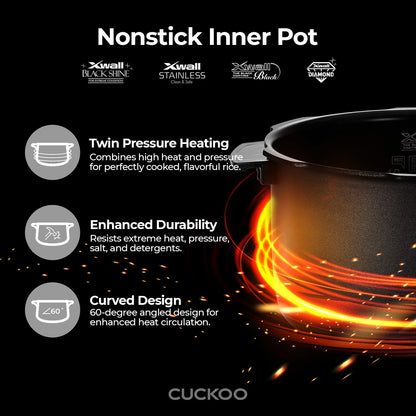 CUCKOO CRP-RT0609FB 6-Cup (Uncooked) / 12-Cup (Cooked) Twin Pressure Rice Cooker & Warmer with Nonstick Inner Pot, 14 Menu Options, Safe Steam Release, 3 Voice Guide, Auto Clean (Black)