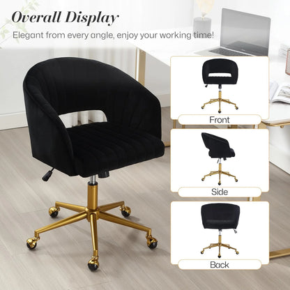 Home Office Swivel Desk Chair, Modern Velvet Vanity Chair, Height Adjustable Armchair with Gold Base, Ergonomic Office Chair for Task Study Computer Room, Beige