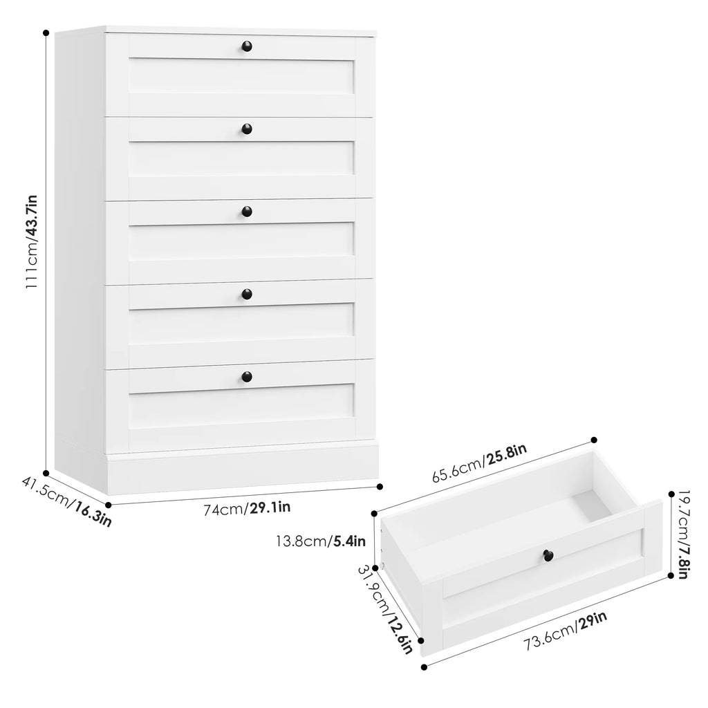 Homfa 5 Drawer White Bedroom Dresser, Modern Vertical Dresser Drawers Wood Organizer for Living Room Entryway Small Spaces