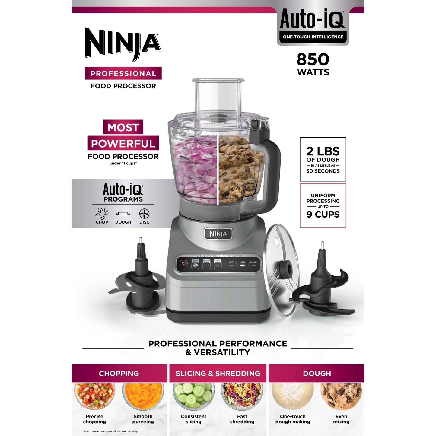 Ninja Professional 9 Cup Food Processor, 850 Watts, Auto-iQ 3 Presets, Chop, Dough, Slice, Shred, BN600 Silver