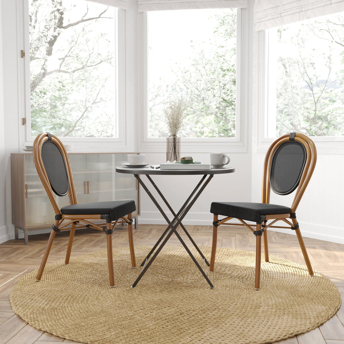 Merrick Lane Stacking Thonet French Bistro Style Chair with Arms, Black & White PE Rattan Seat, and Bamboo Finished Metal Frame for Indoor/Outdoor Use