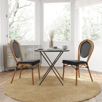 Merrick Lane Stacking Thonet French Bistro Style Chair with Arms, Black & White PE Rattan Seat, and Bamboo Finished Metal Frame for Indoor/Outdoor Use