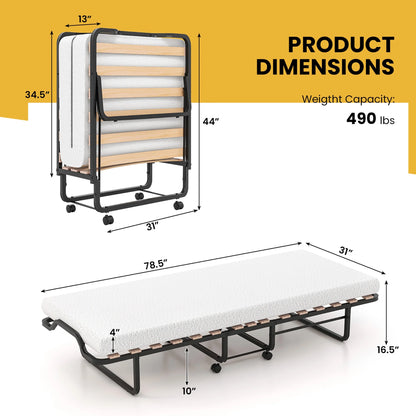 Gymax Portable Foldable Guest Bed w/ Solid Wood Slats & Metal Frame Rollaway Bed for Adults w/ Wheel