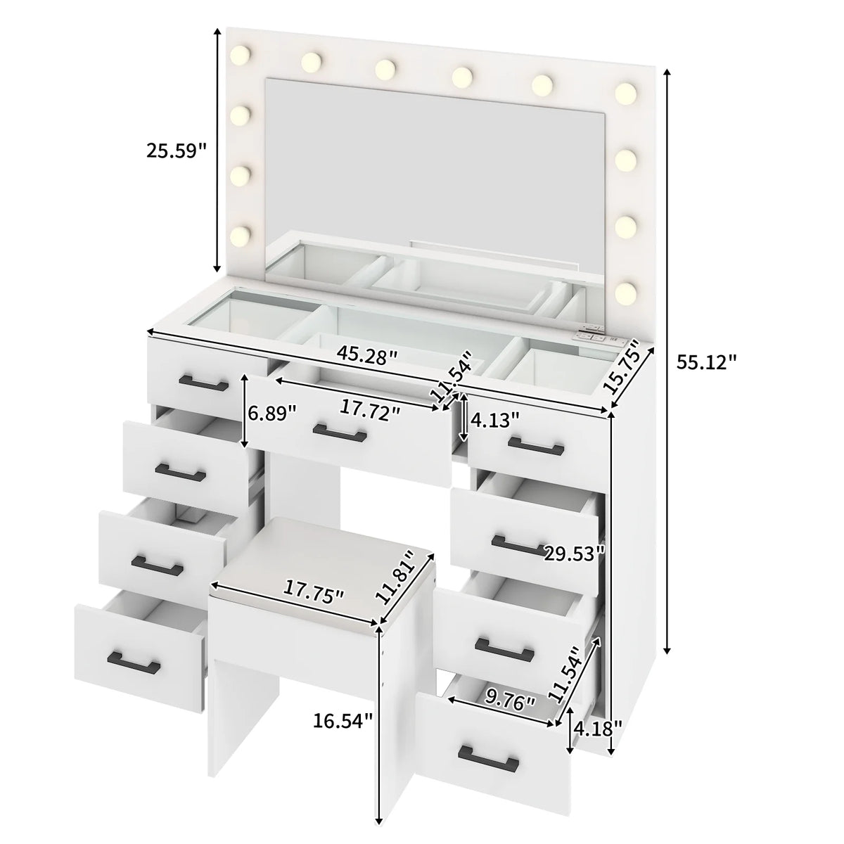Ktaxon Large Makeup Vanity, Vanity Table Set w/ Visible Glass Top w/ Charging Station, White