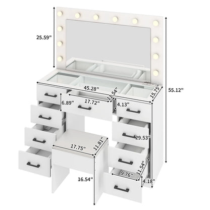 Ktaxon Large Makeup Vanity, Vanity Table Set w/ Visible Glass Top w/ Charging Station, White