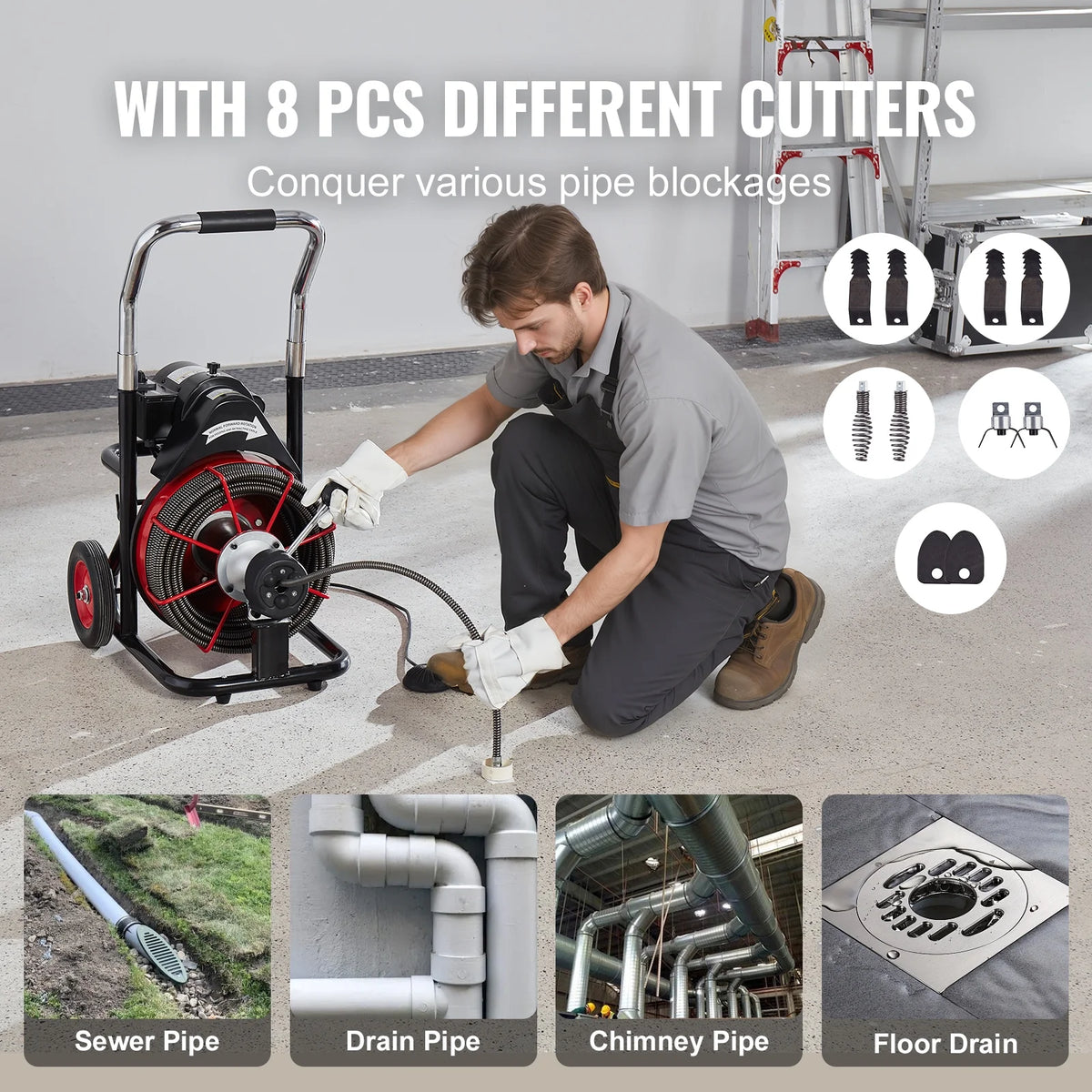 VEVOR Drain Cleaner Machine 100FT x 1/2 Inch, Auto Feed Sewer Snake Auger on Wheels, 550W Portable Drain Cleaning Machine with 8 Cutters & Air-activated Foot Switch for 2" to 4" Pipes