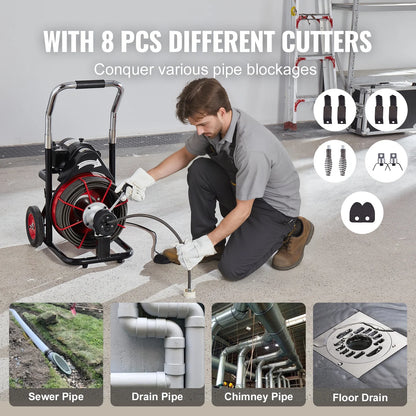 VEVOR Drain Cleaner Machine 100FT x 1/2 Inch, Auto Feed Sewer Snake Auger on Wheels, 550W Portable Drain Cleaning Machine with 8 Cutters & Air-activated Foot Switch for 2" to 4" Pipes