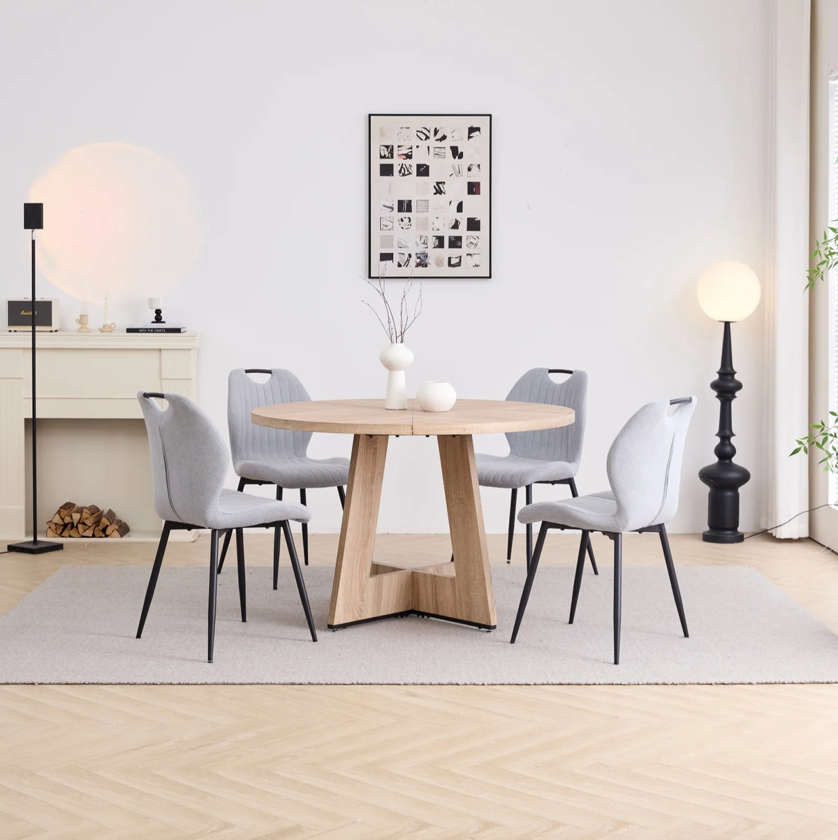 5 Piece 47'' Round Dining Table Chairs Set for 4, Farmhouse Gray Kitchen Table with 4 Boucle Mid Century Modern Dinning Room Chairs, Wood Dinner Table &Upholstered Chair Set of 4, Beige