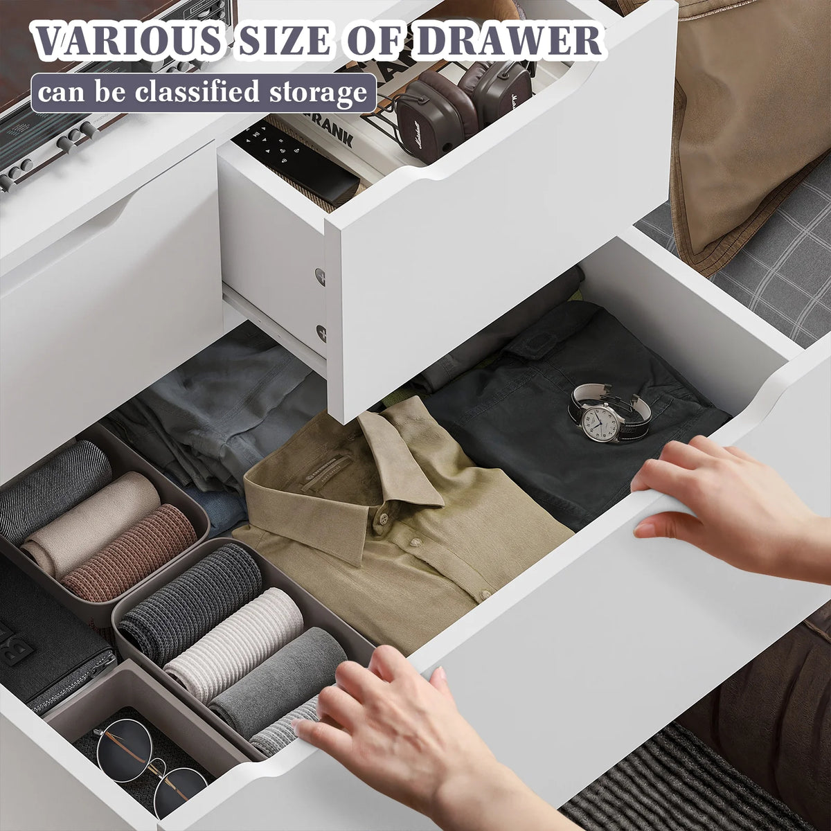 EnHomee White Dresser for Bedroom Wood 6 Drawer Modern Storage Cabinet for Bedroom Living Room Closet, 43.3"Hx 27.5"Lx 15.7"D