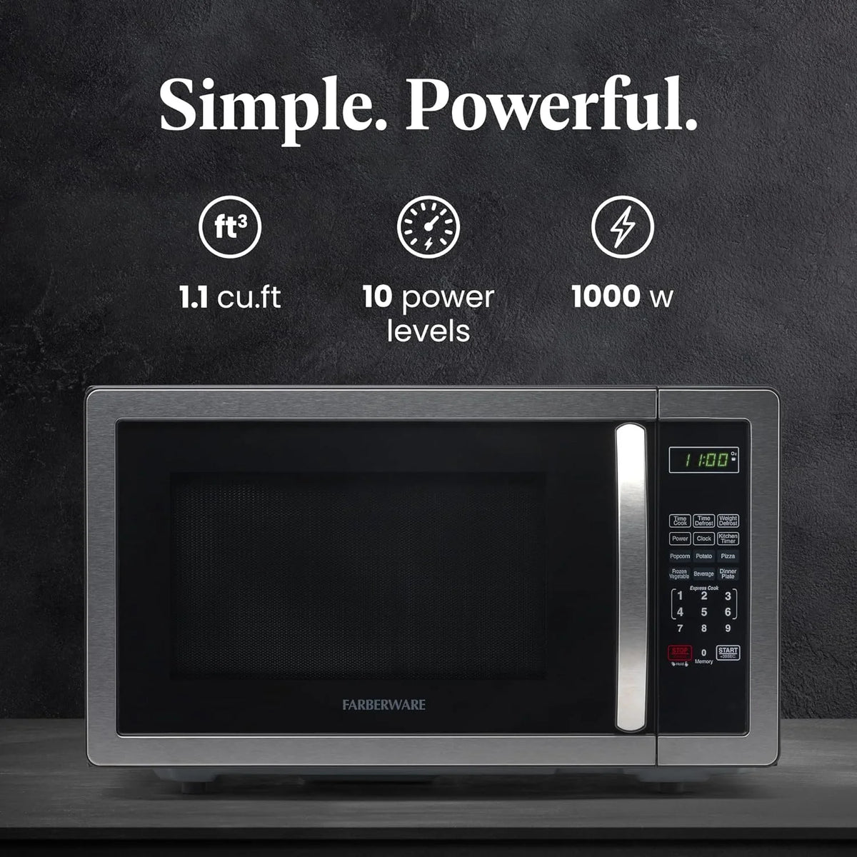 Farberware Stainless Steel Countertop Microwave Oven with Child Lock, 1.1 Cu Ft Black Stainless