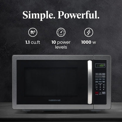 Farberware Stainless Steel Countertop Microwave Oven with Child Lock, 1.1 Cu Ft Black Stainless