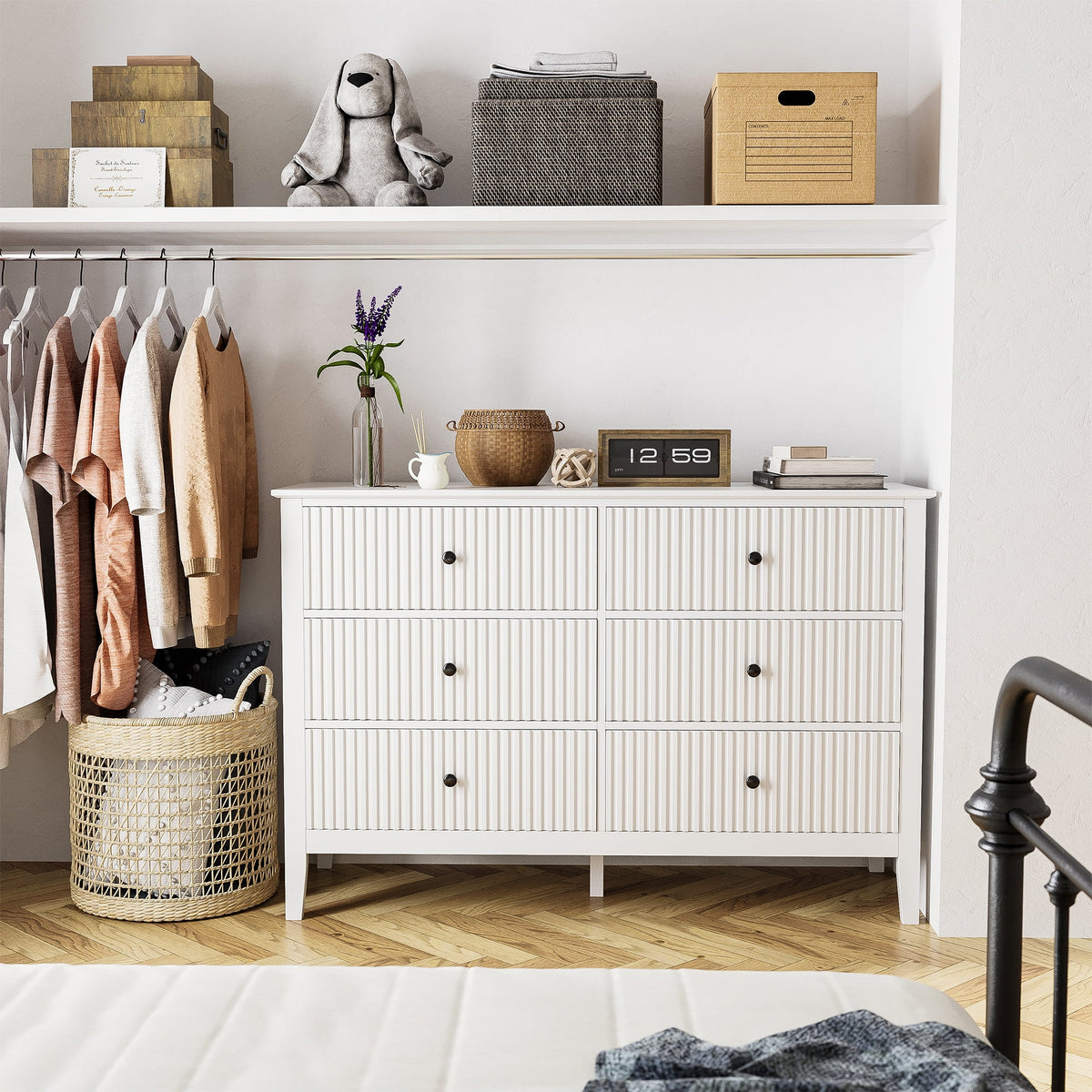 May Color Large White 3 Drawer Dresser Set of 2 with Fluted Panel, Modern Chest of Drawers with Silent Slide Drawers, Wood Accent Nightstand with Storage for Bedroom Living Room, Hallway